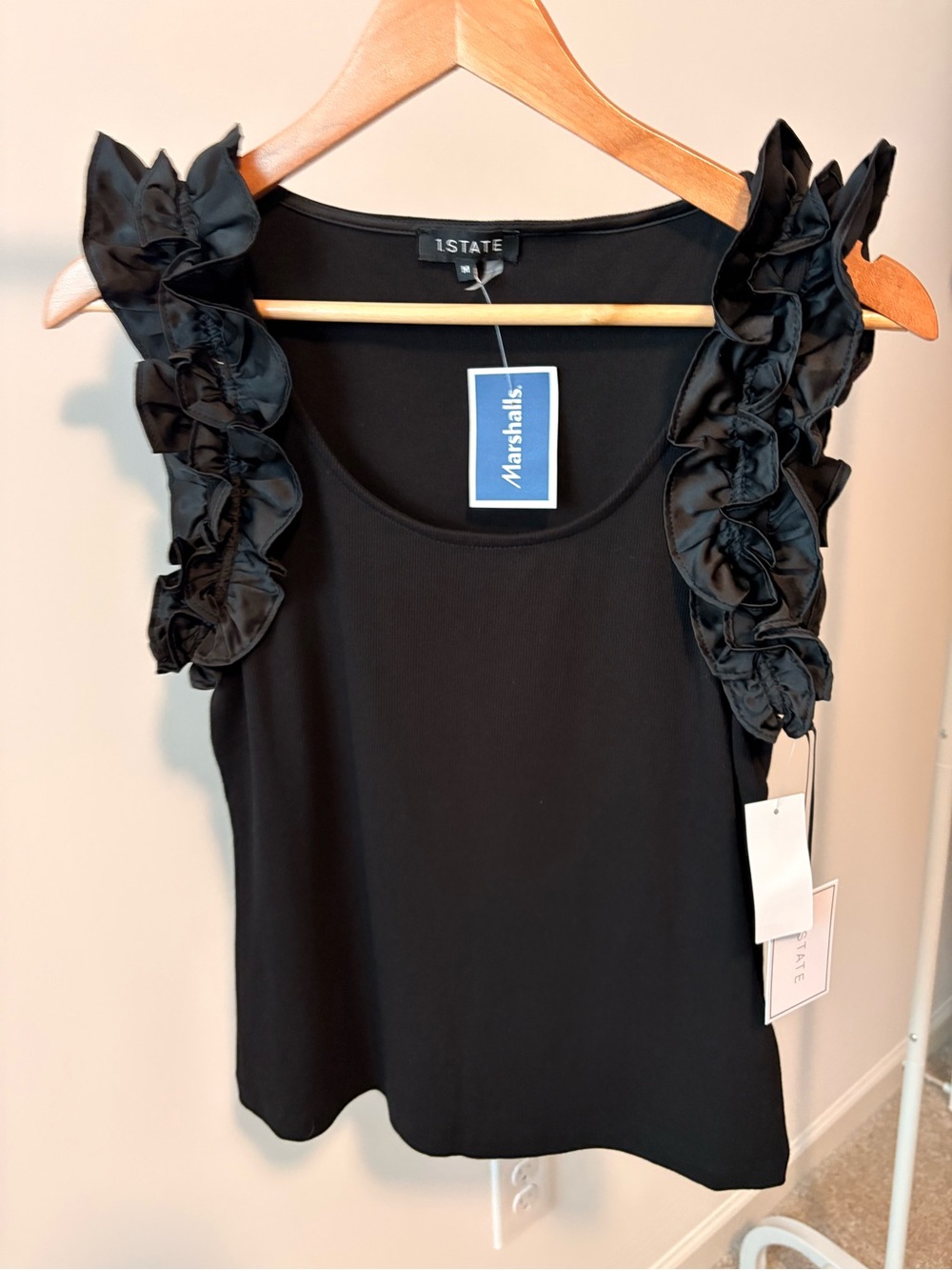STATE Black Ruffled Shoulder Tank